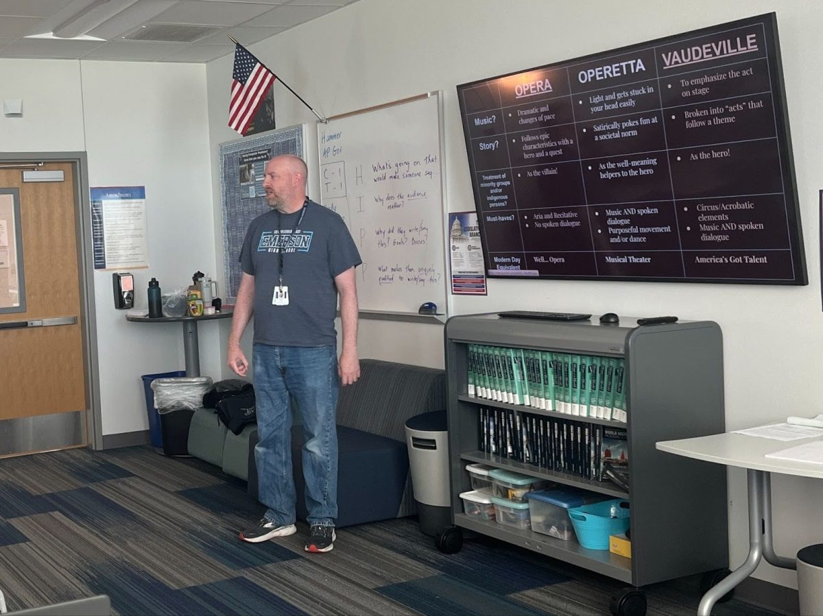 Christopher Hammer stands in front of his second period GT Humanities class. He’s able to use all of the knowledge gathered over the years to provide a better education for his students.