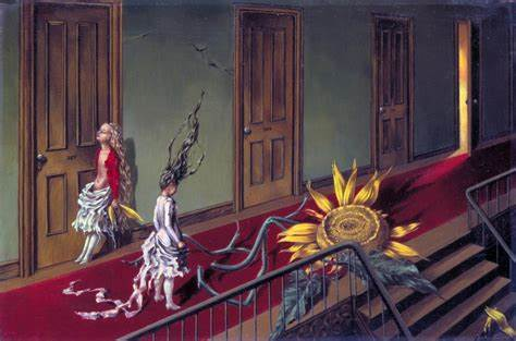 Eine Kleine Nachtmusik by Dorthea Tanning. In the painting, a hallway becomes a strange, dream-like landscape. People distort unnaturally into the scenery and a sunflower is uncannily placed in the center of the hallway, its bright yellow coloring matching the light emanating from a cracked doorway, leading to some unknown dimension.The young woman’s composed demeanor greatly contrasts the chaos, tying together the painting’s intended theme of the lines between innocence and corruption. 