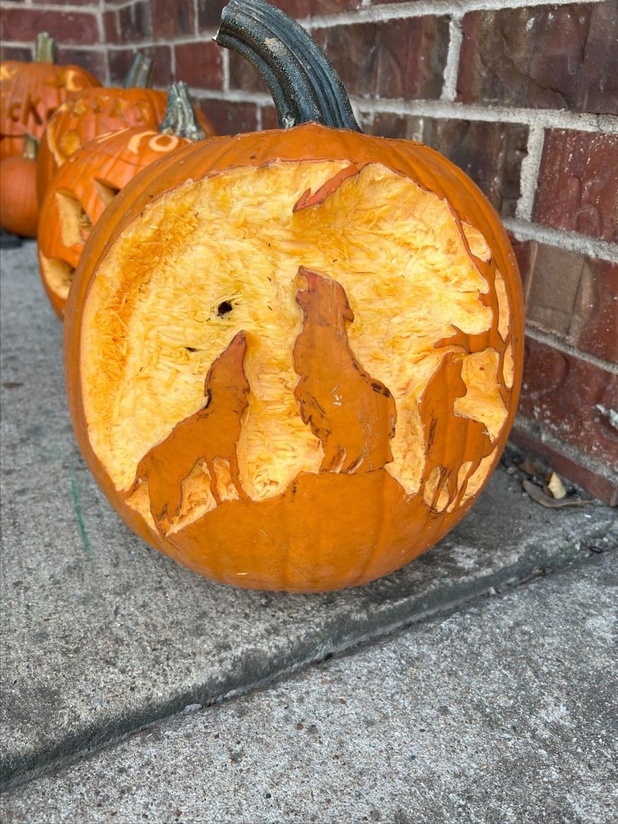 Wolves howling at the night sky are carved into a pumpkin by Ardyn Lessner, 10. 