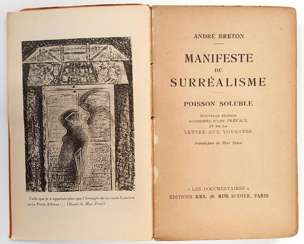 An old copy of Andre Breton’s ‘Manifeste de Surrealism’ in its original French text and paper cover form. 