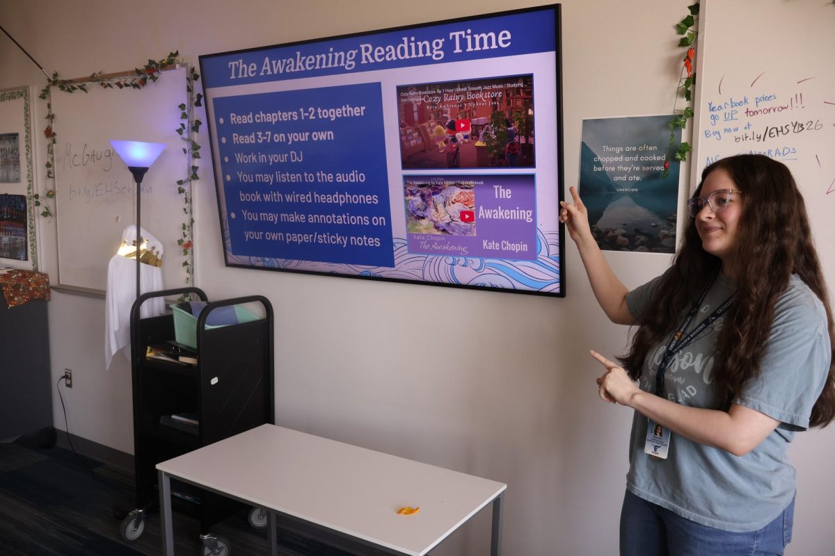 Rachel Jadormeo reviews an AP Lit slide in her classroom. (Ibrahim Khurram)