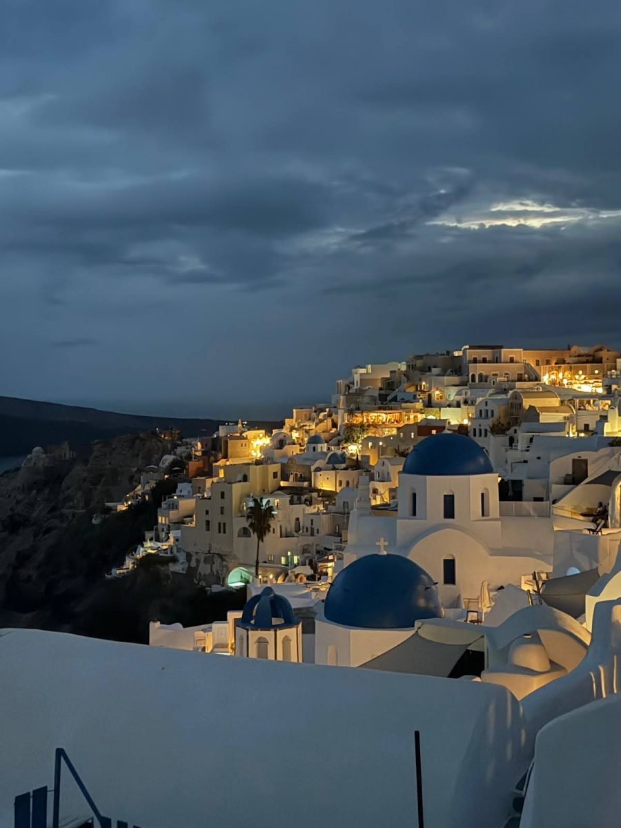 The famous view of the city with its blue domes that Santorini is known for