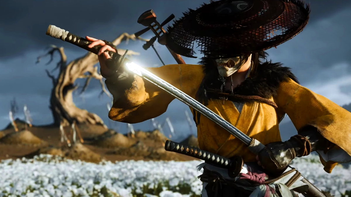 Atsu unsheathes her katana before a duel with an offscreen assailant. ("Ghost of Yotei")