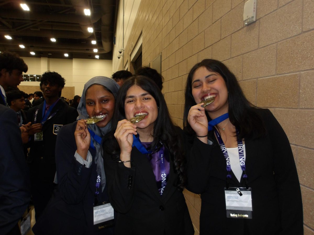 Fariha Shadiq, 12, Neha Bhalla, 12, and Ashima Nair, 12, celebrating achieving state. (Shreya Talwar, 12)