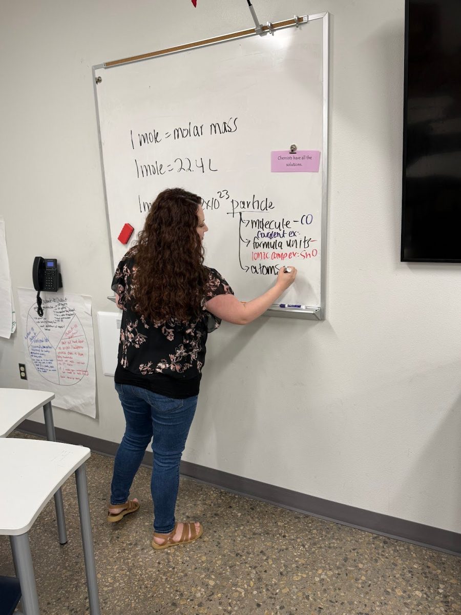 Hill uses her white board to maximize teaching time with students (Emily Clemens).